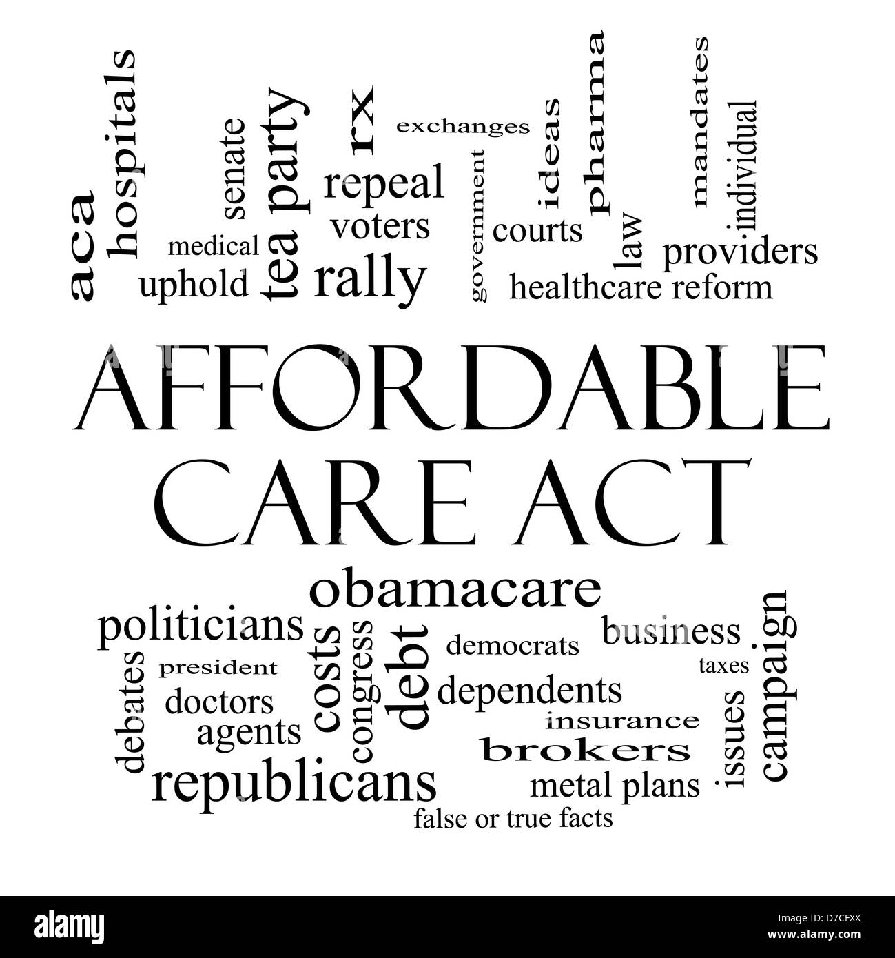 Affordable Care Act Word Cloud Concept in black and white with great terms such as healthcare reform, exchanges, insurance, law Stock Photo