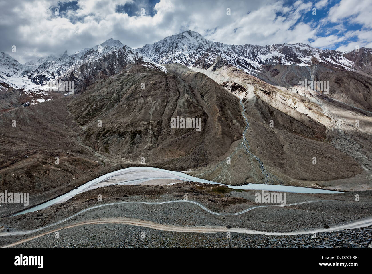 Spiti valley, river, road in Himalayas. Himachal Pradesh, India Stock Photo
