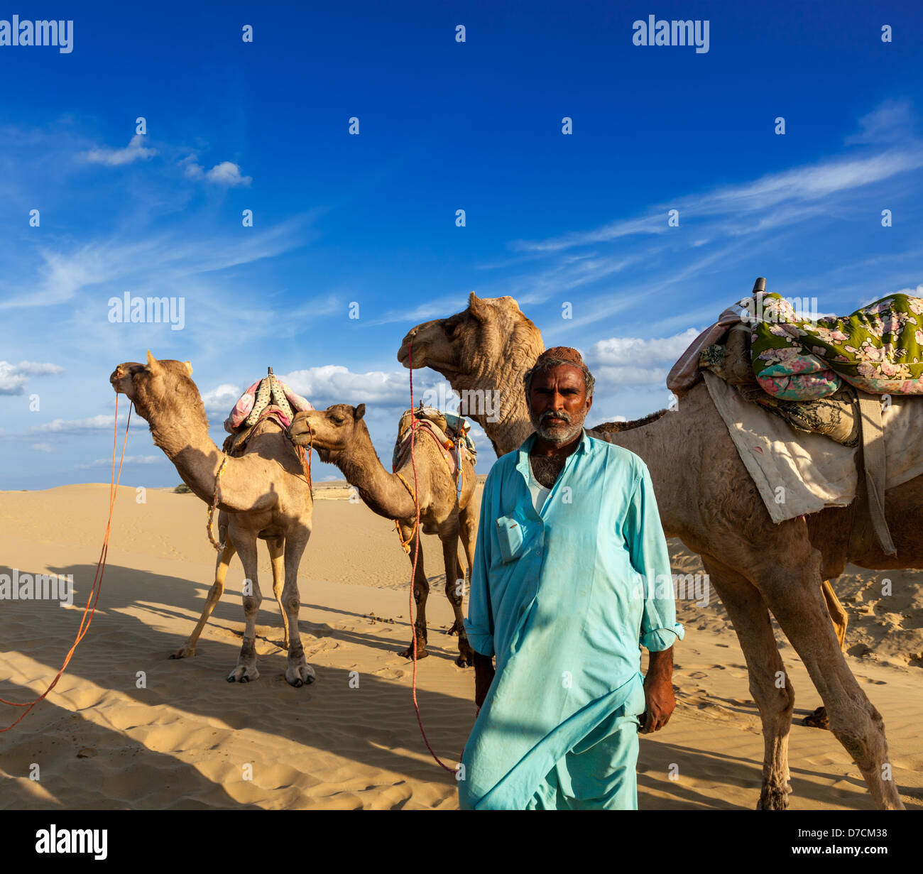 Rajasthan travel background - Indian man cameleer (camel driver) portrait with camels in dunes of Thar desert. Jaisalmer, Rajast Stock Photo