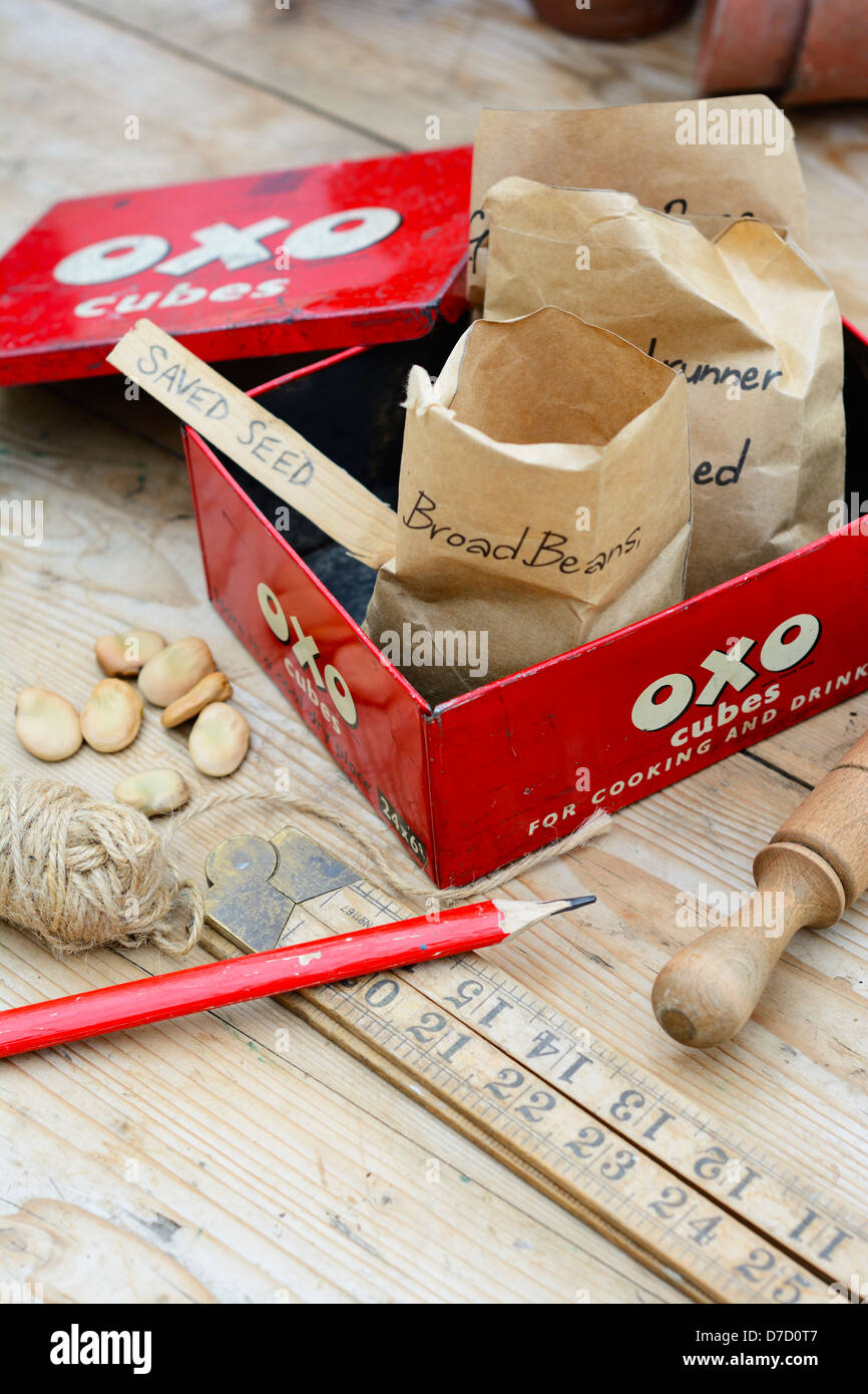 Saved garden seed in paper packets in OXO tin, with wooden dibber, ruler and garden items Stock Photo