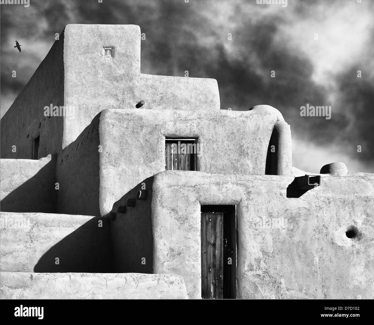 The Taos Pueblo Stacks. Black and White image in the style of W.H.Jackson and Ansel Adams Stock Photo