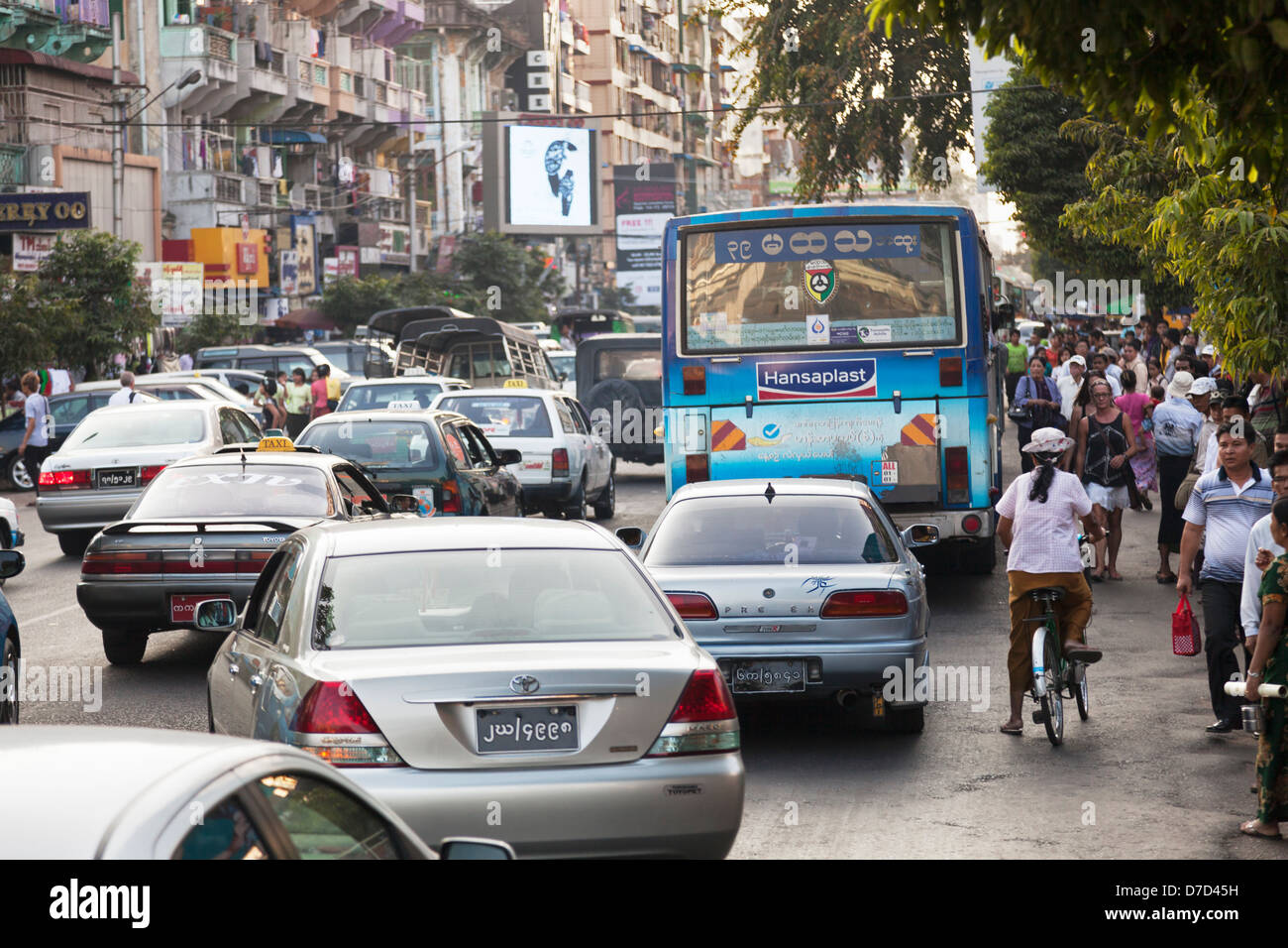 A typically chaotic traffic jam in Yangon, Myanmar Stock Photo