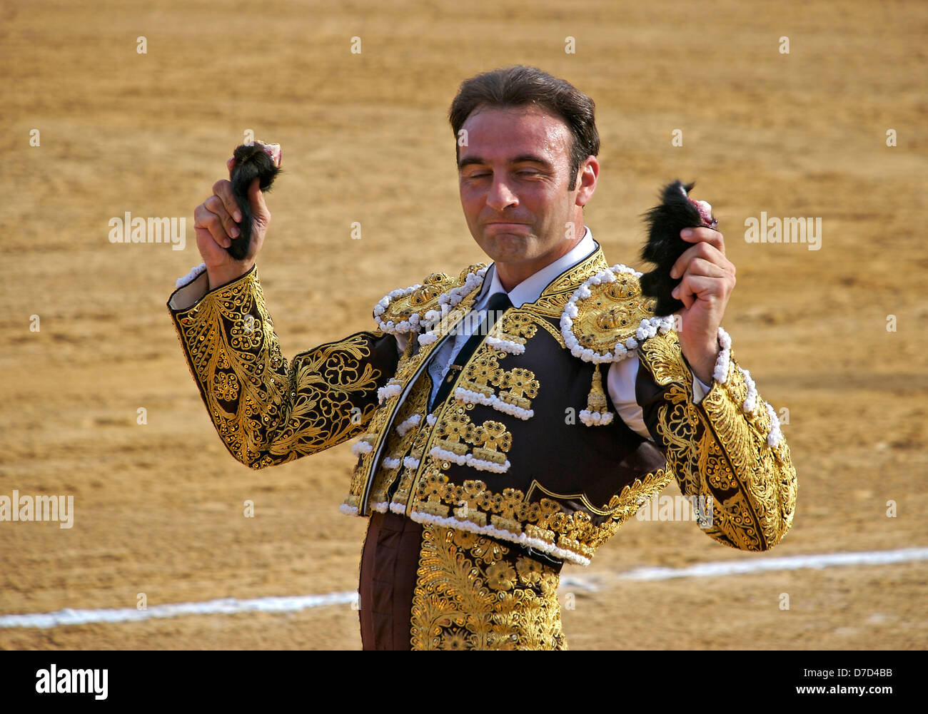 Matador Manuel Ponce awarded two ears during a bullfight in Fuengirola, Costa del Sol, Spain. Stock Photo