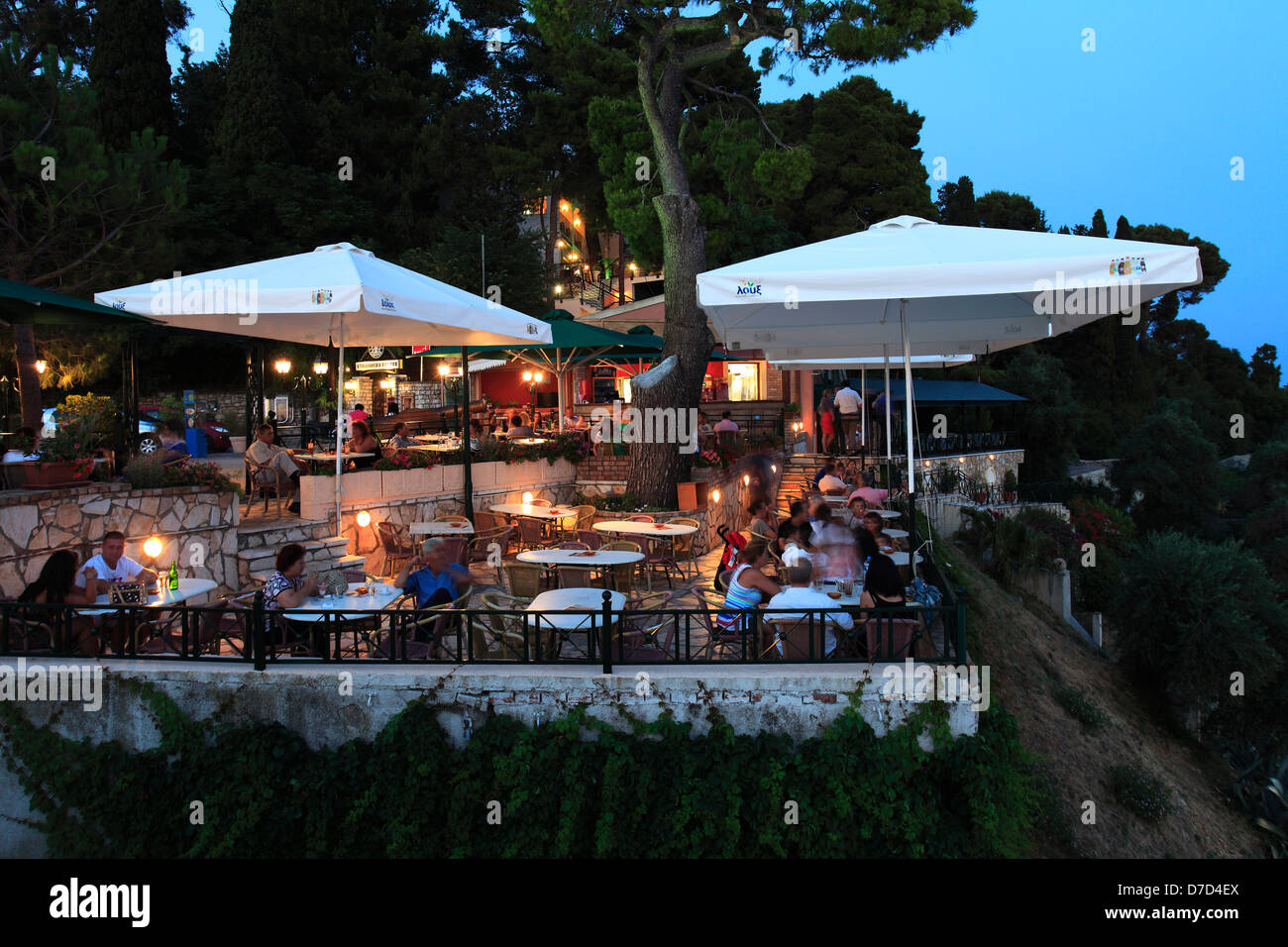 Café bar overlooking mouse Island, Corfu Town, Corfu Island, Greece, Europe Stock Photo