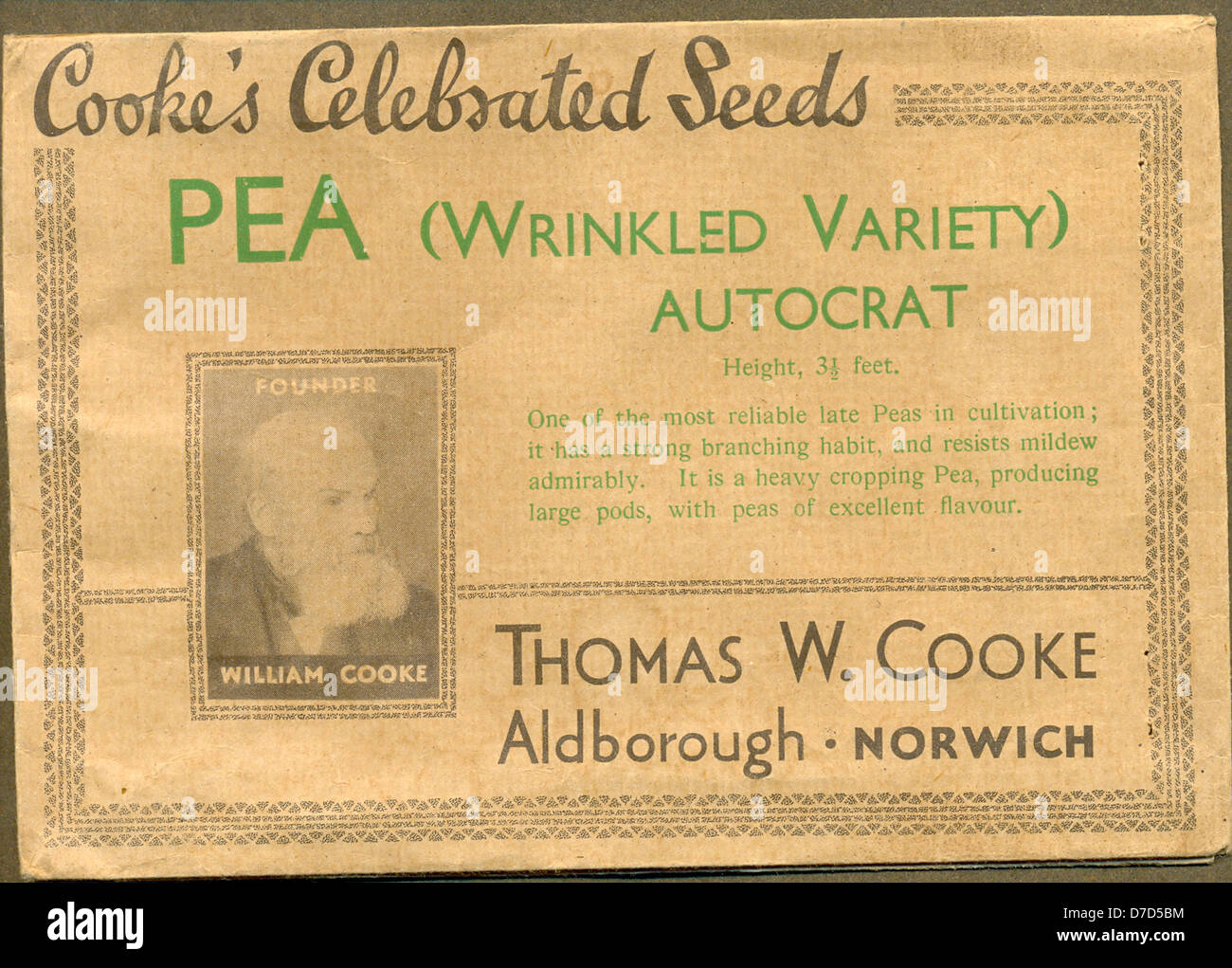 World War Two packet of  Pea seeds (Wrinkled Variety) Autocrat from Cooke's Celebrated Seeds Stock Photo
