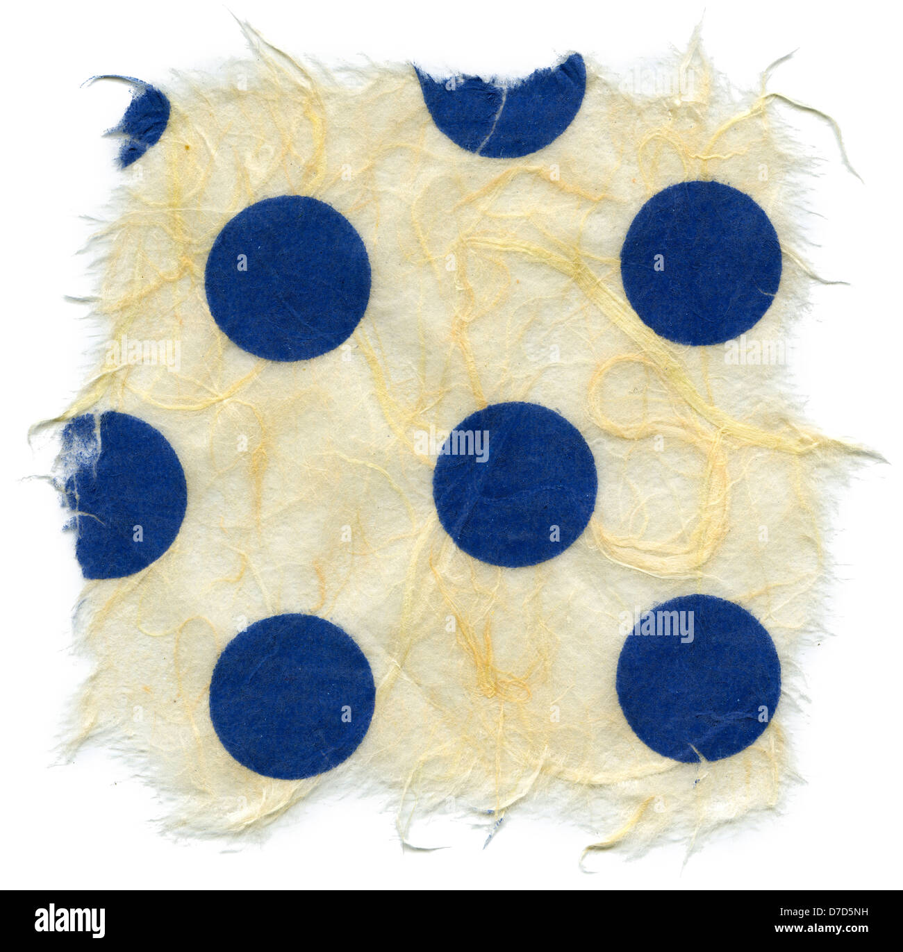 Texture light cream yellow rice paper blue polka dots embedded torn ...
