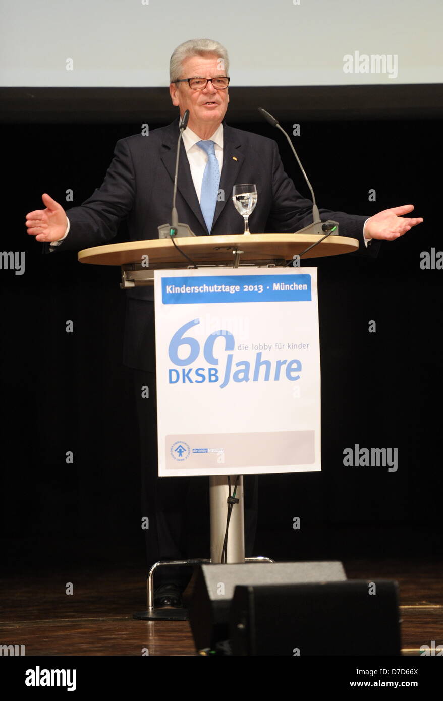 A HANDOUT picture dated 03 May 2013 shows German President Joachim Gauck speak on the stage during the 60th anniversary of German Child Protection League (DKSB) in Munich, Germany. DKSB has more thanh 50,000 members. Photo: Deutscher Kinderschutzbund e.V./Tobias Hase Stock Photo
