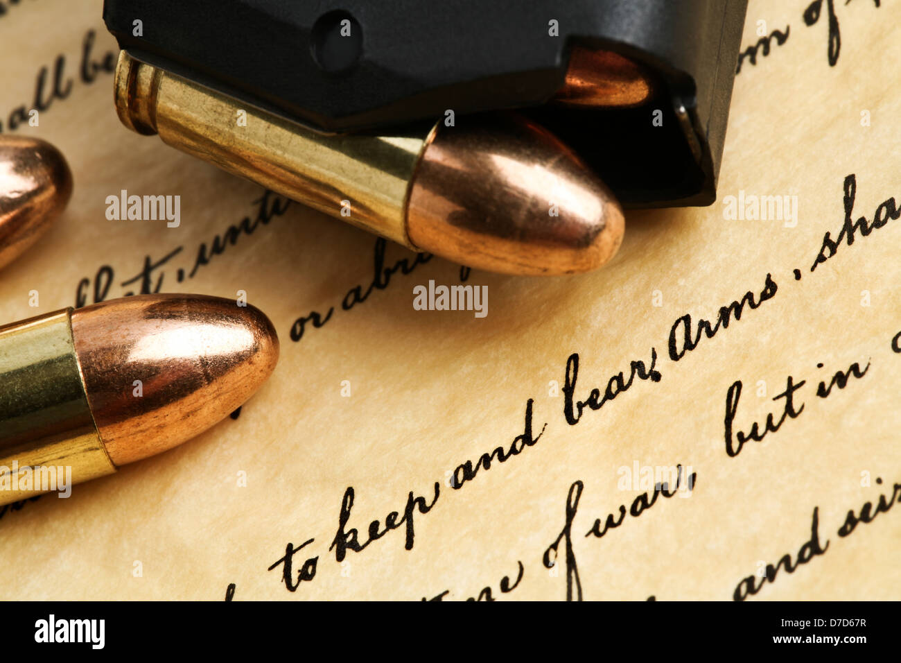 right to keep and bear arms - US Constitution Bill of Rights with 9mm bullets and magazine Stock Photo