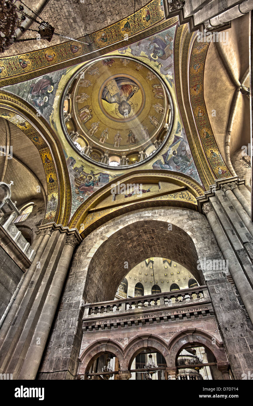The 'Pantokrator' mosaic in Basilica Holy Sepulchre top Edicule seen through arches. old city Jerusalem Israel. DEAR INSPECTOR: Stock Photo
