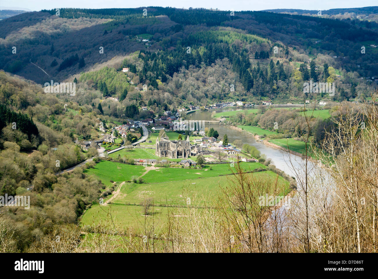 tintern abbey and the wye valley from the devils pulpit viewpoint offas dyke path gloucestershire, england Stock Photo