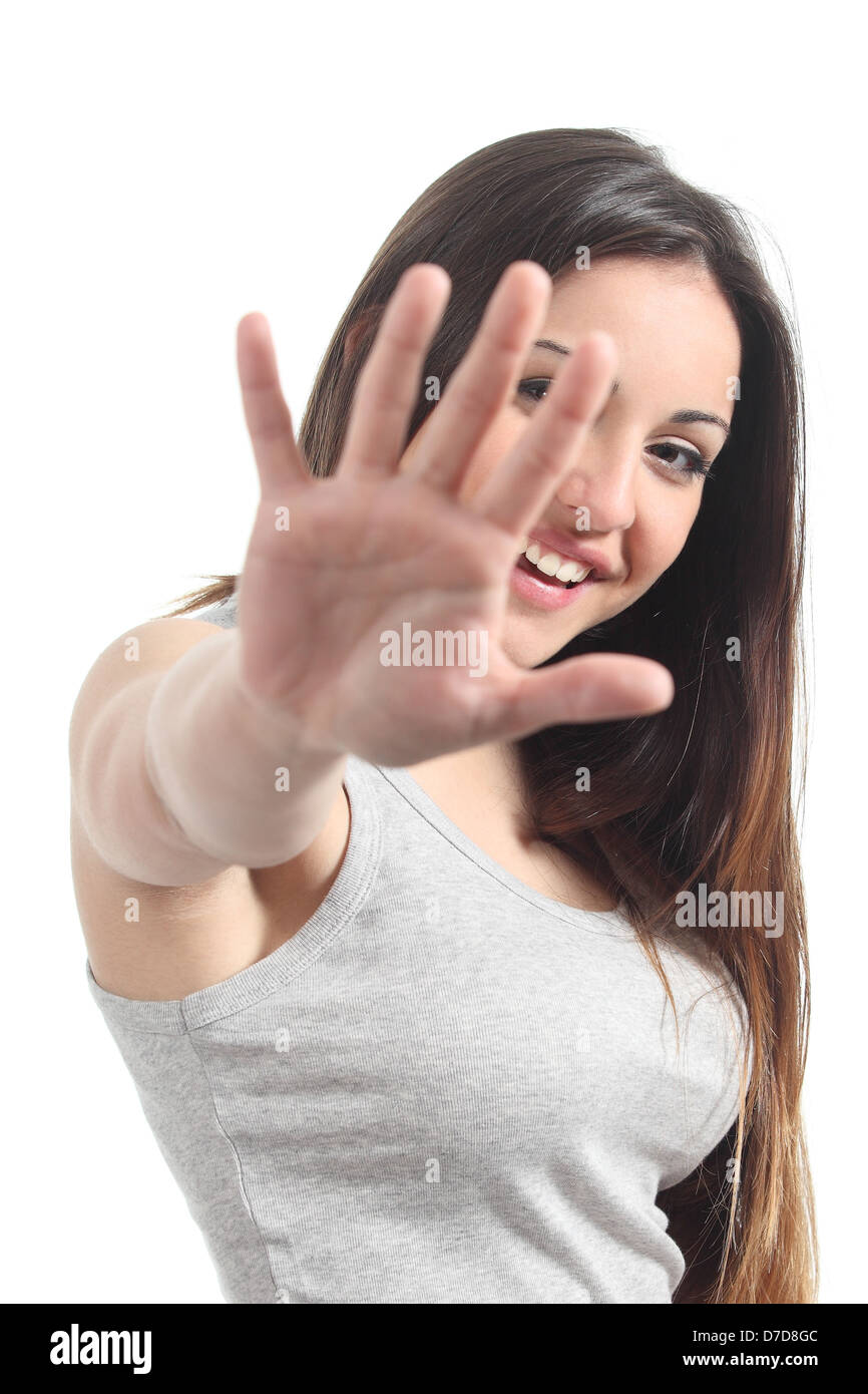 Beautiful playful teenager saying no photos isolated on a white background Stock Photo
