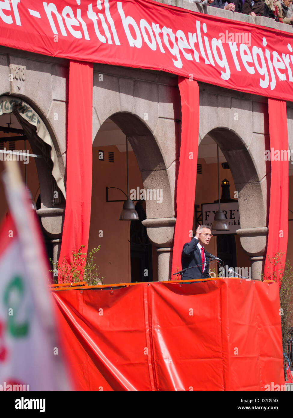 Norwegian Prime minister Jens Stoltenberg addressing the crowd at the labour day, May 1 st celebration in Oslo Norway 2013 Stock Photo