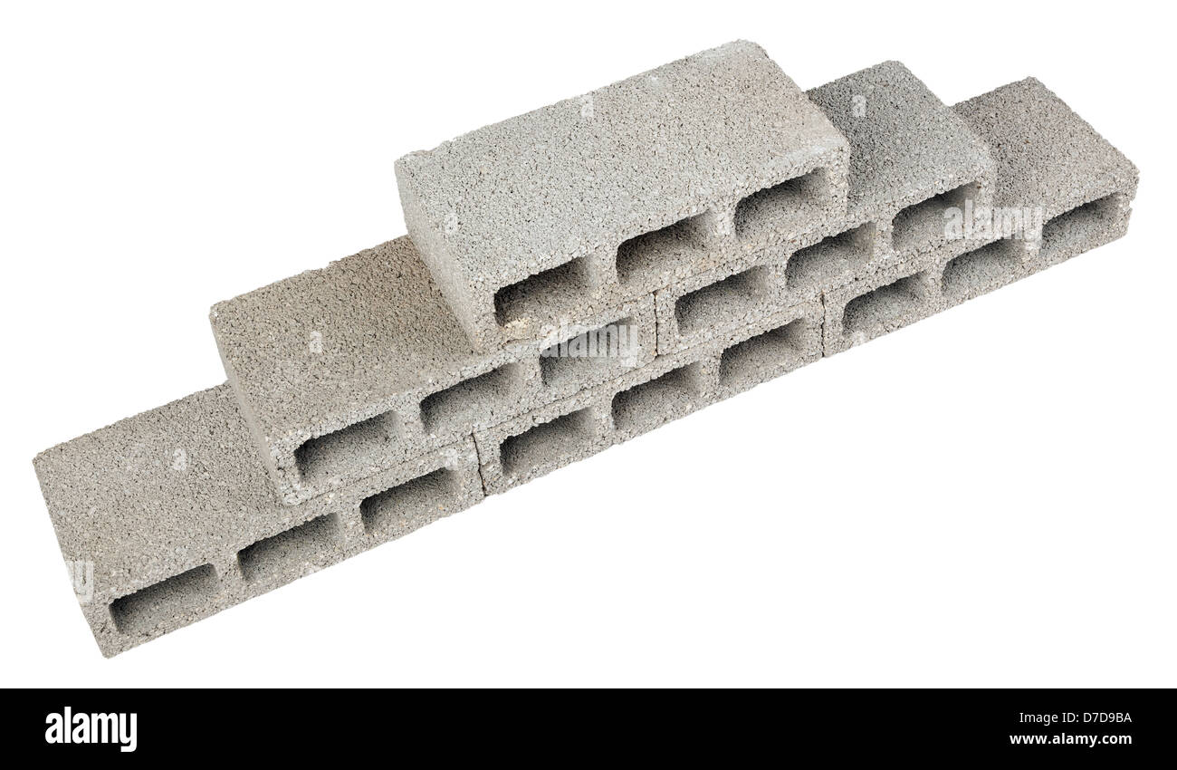 Six gray concrete construction blocks (a.k.a. cinder block breeze block cement block foundation
