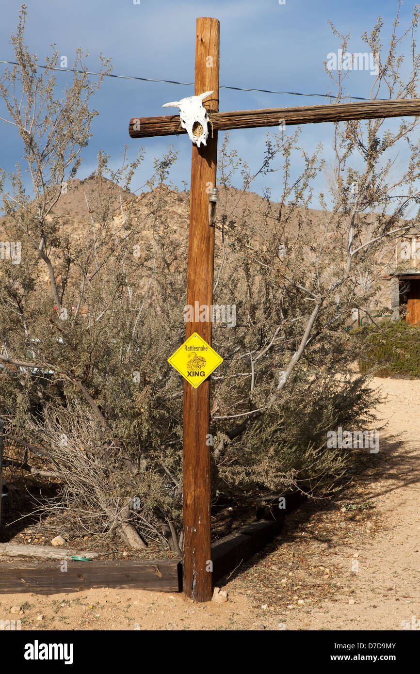 A rattle snake crossing sign next to route 66 in  Hackberry, Arizona, USA Stock Photo