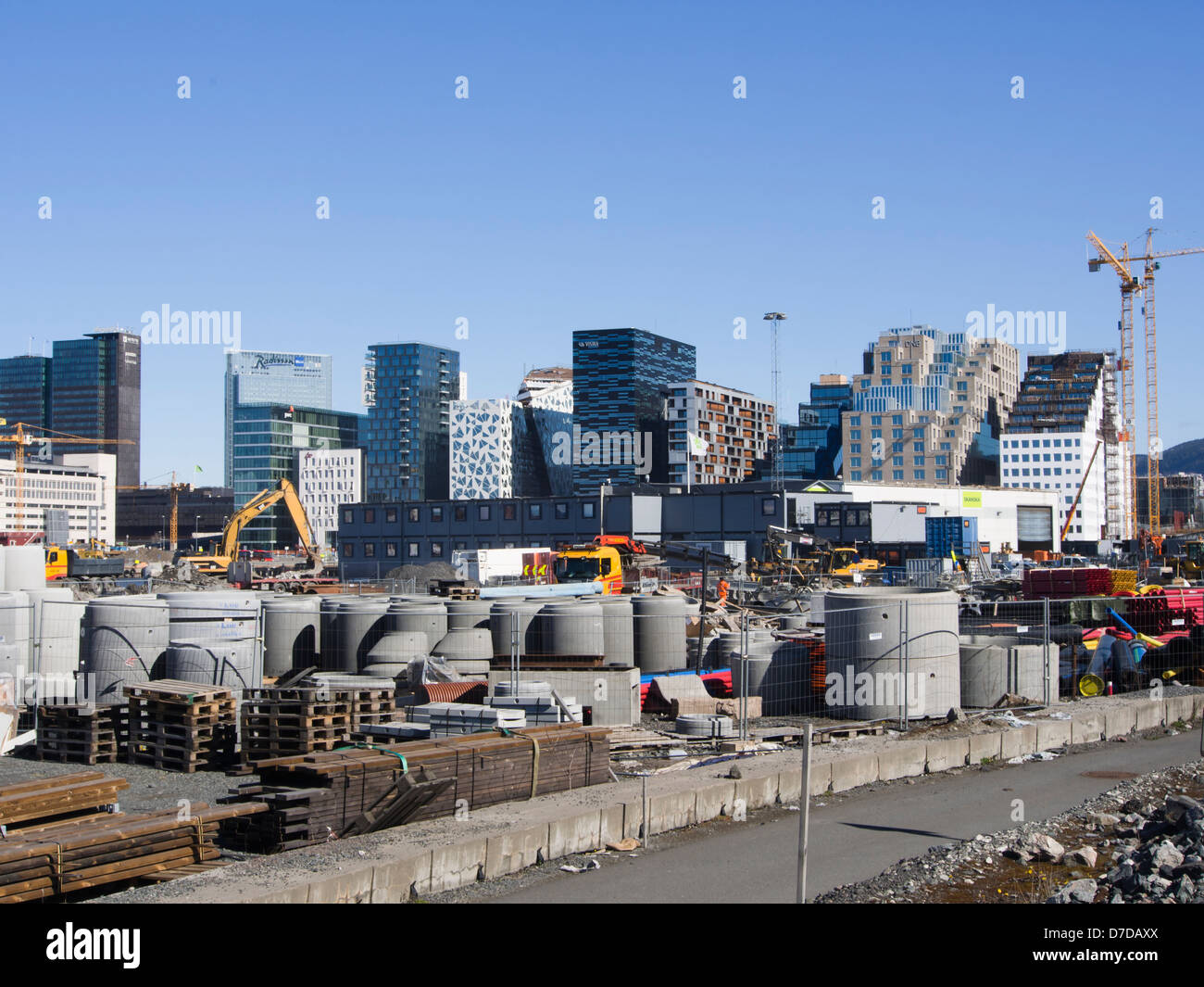 The barcode, a new office district in central Oslo Norway , interesting and varied facades, building site new skyline Stock Photo