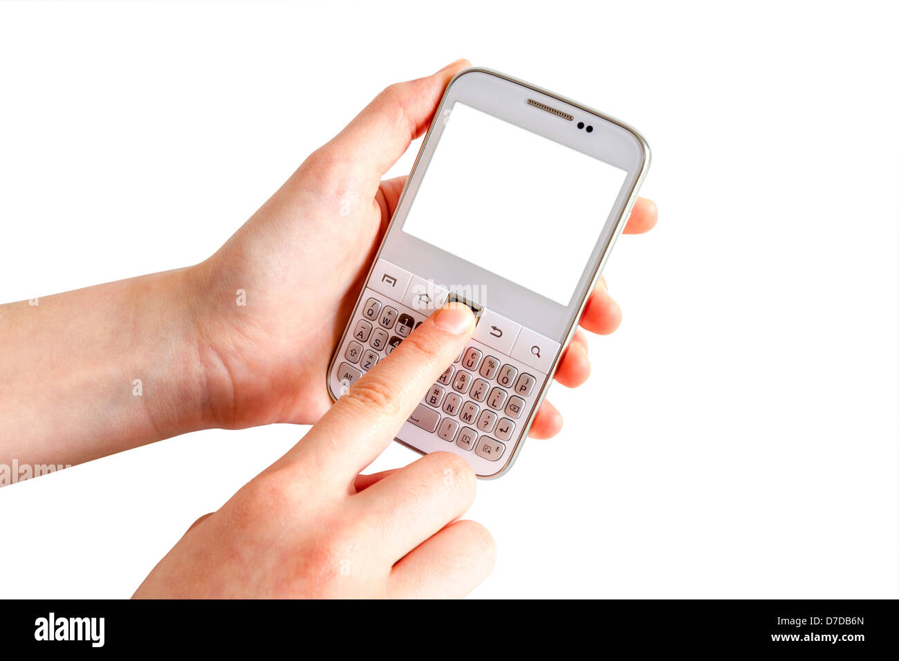 Hands holding white smart phone on white background Stock Photo
