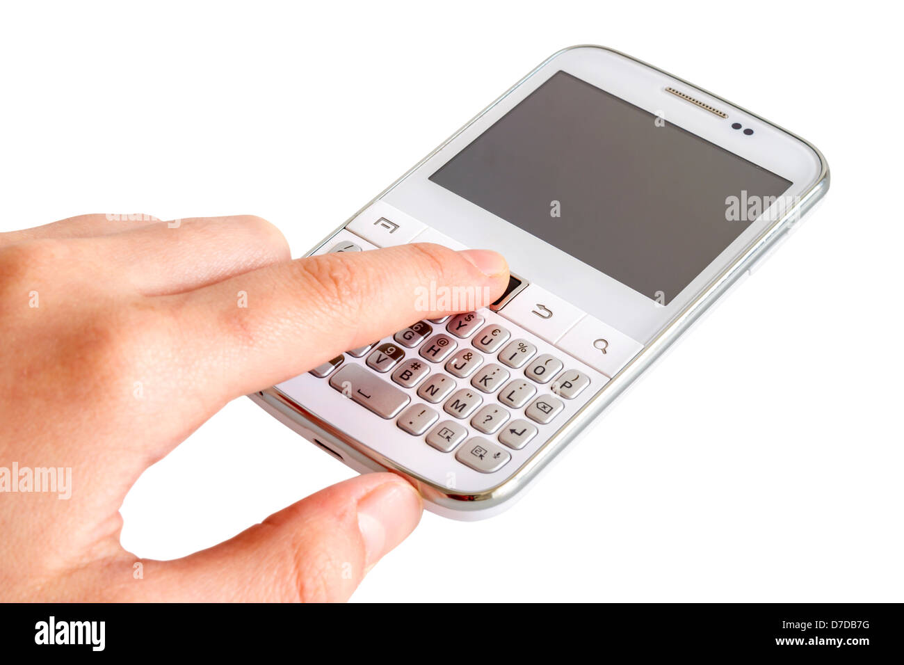 Hand touching white smart phone on white background Stock Photo