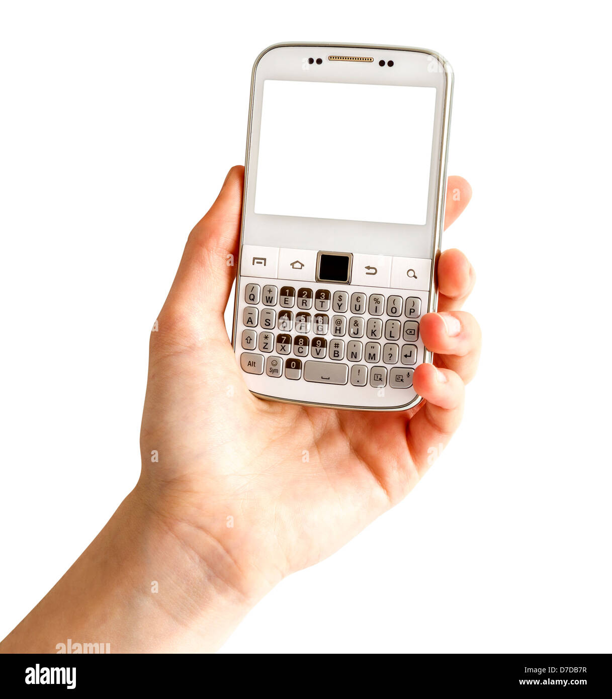Hand holding white smart phone on white background Stock Photo