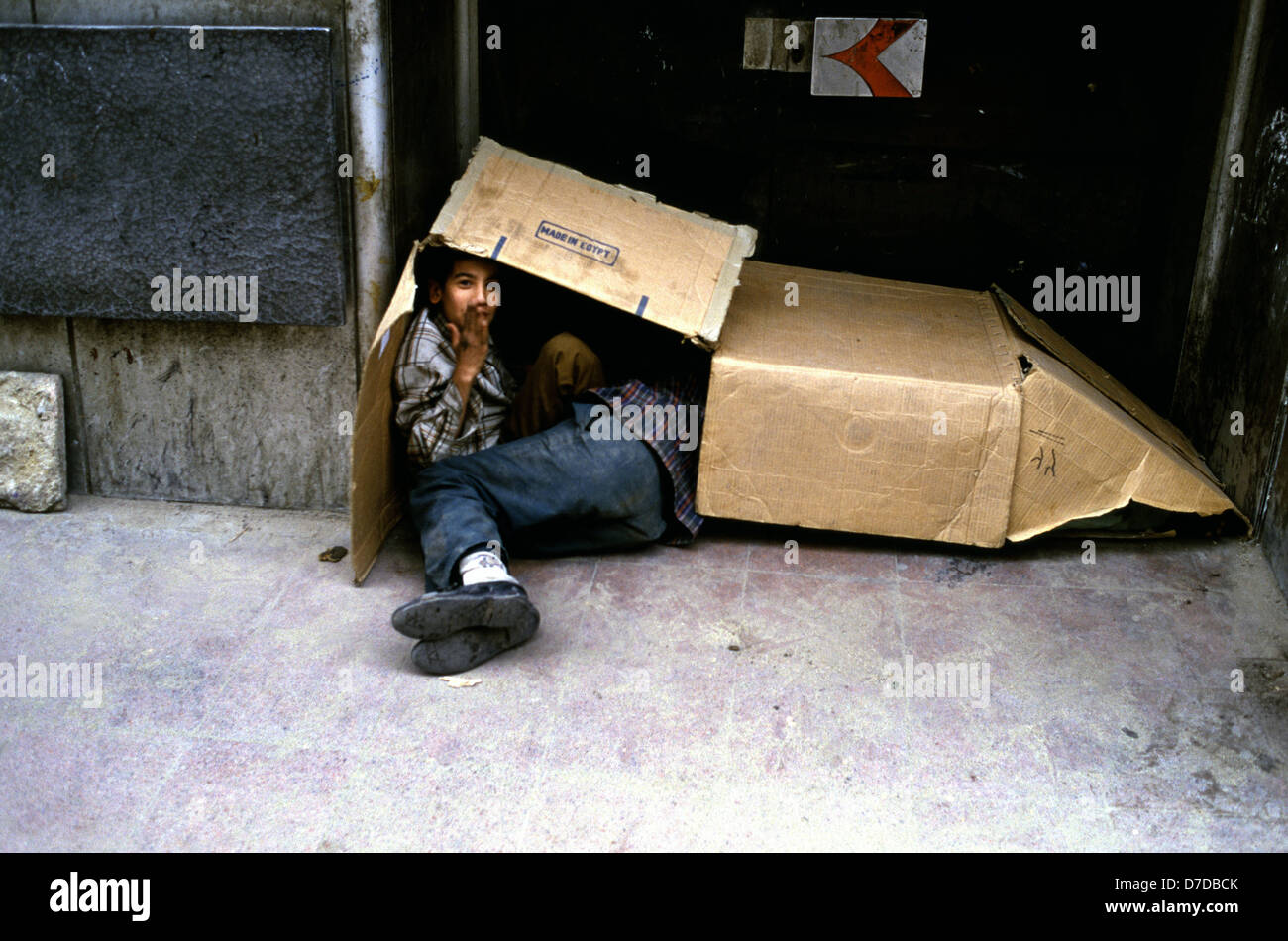 Homeless boys inside cardboard box, Cairo Egypt Stock Photo