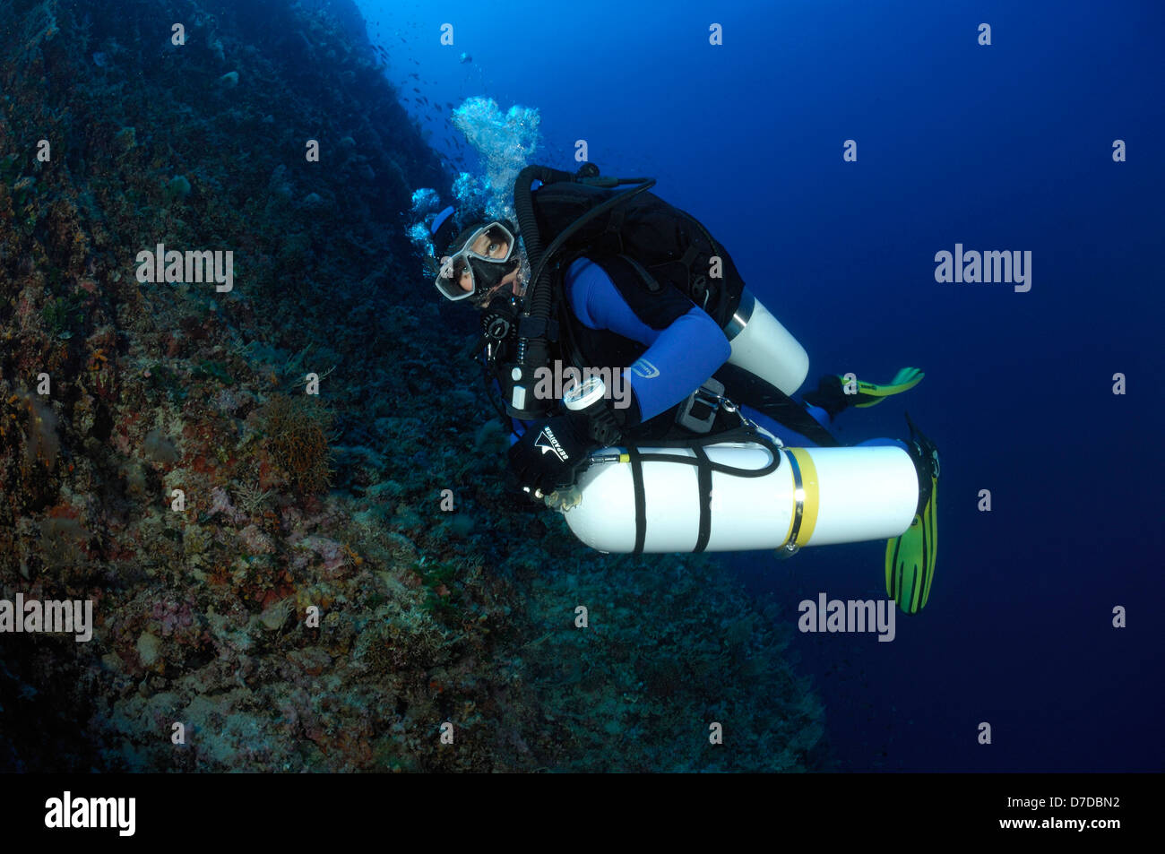 Scuba Diver with Sidemount Tank, Svetac, Adriatic Sea, Croatia Stock