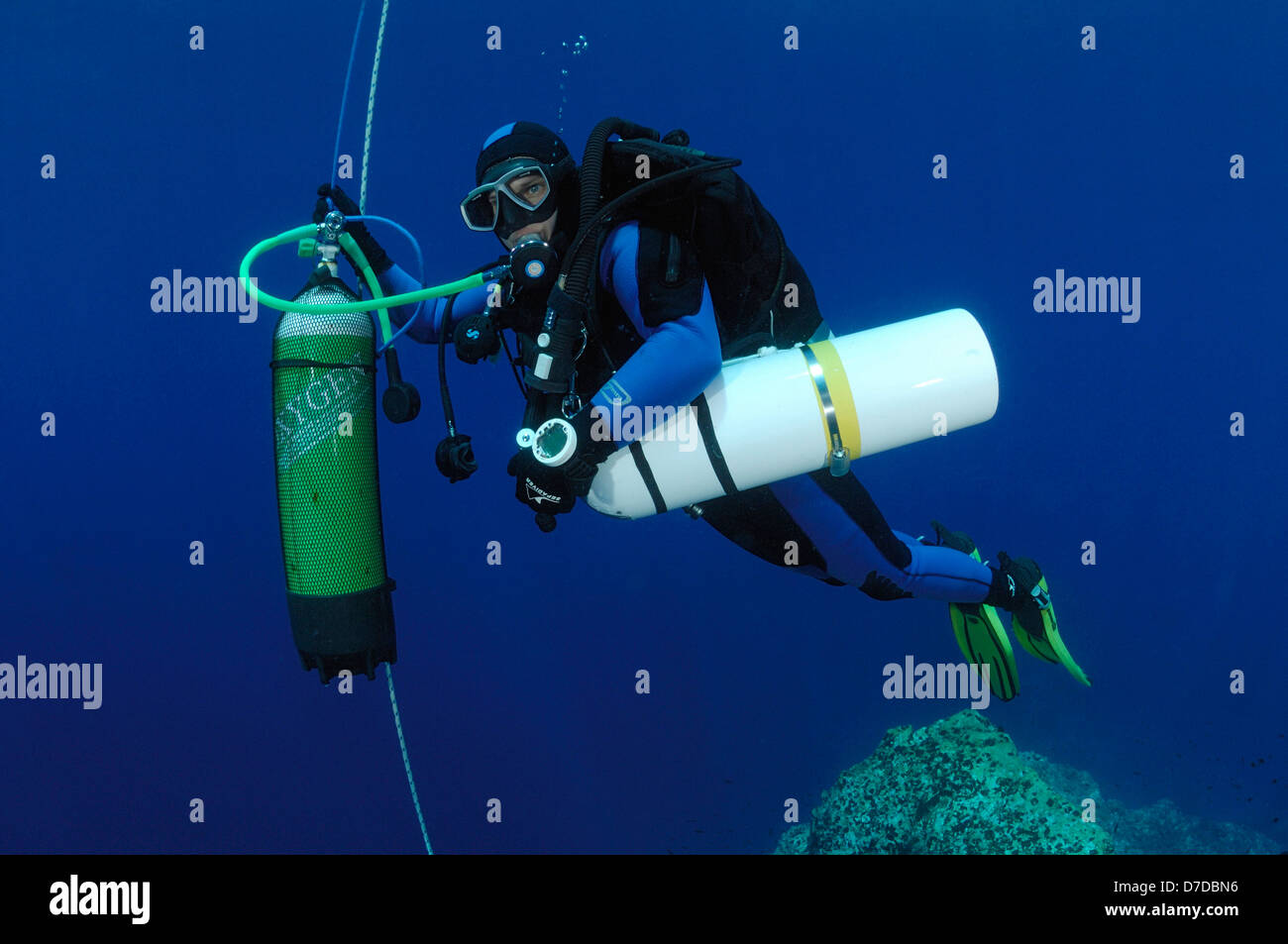 Scuba Diver with Sidemount Tank, Svetac, Adriatic Sea, Croatia Stock