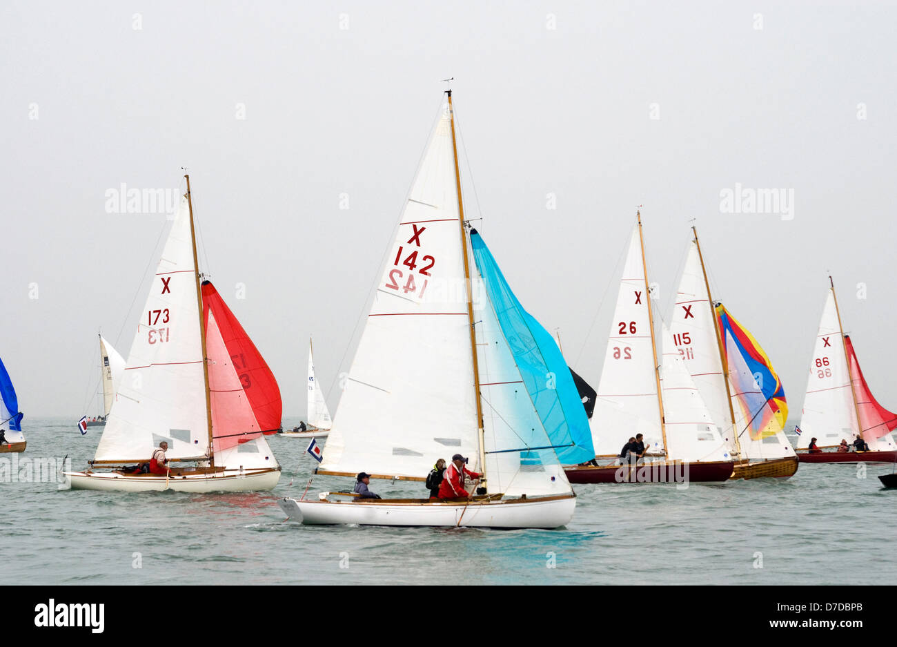 Sailing boats racing in the Solent off the Isle of Wight during Cowes
