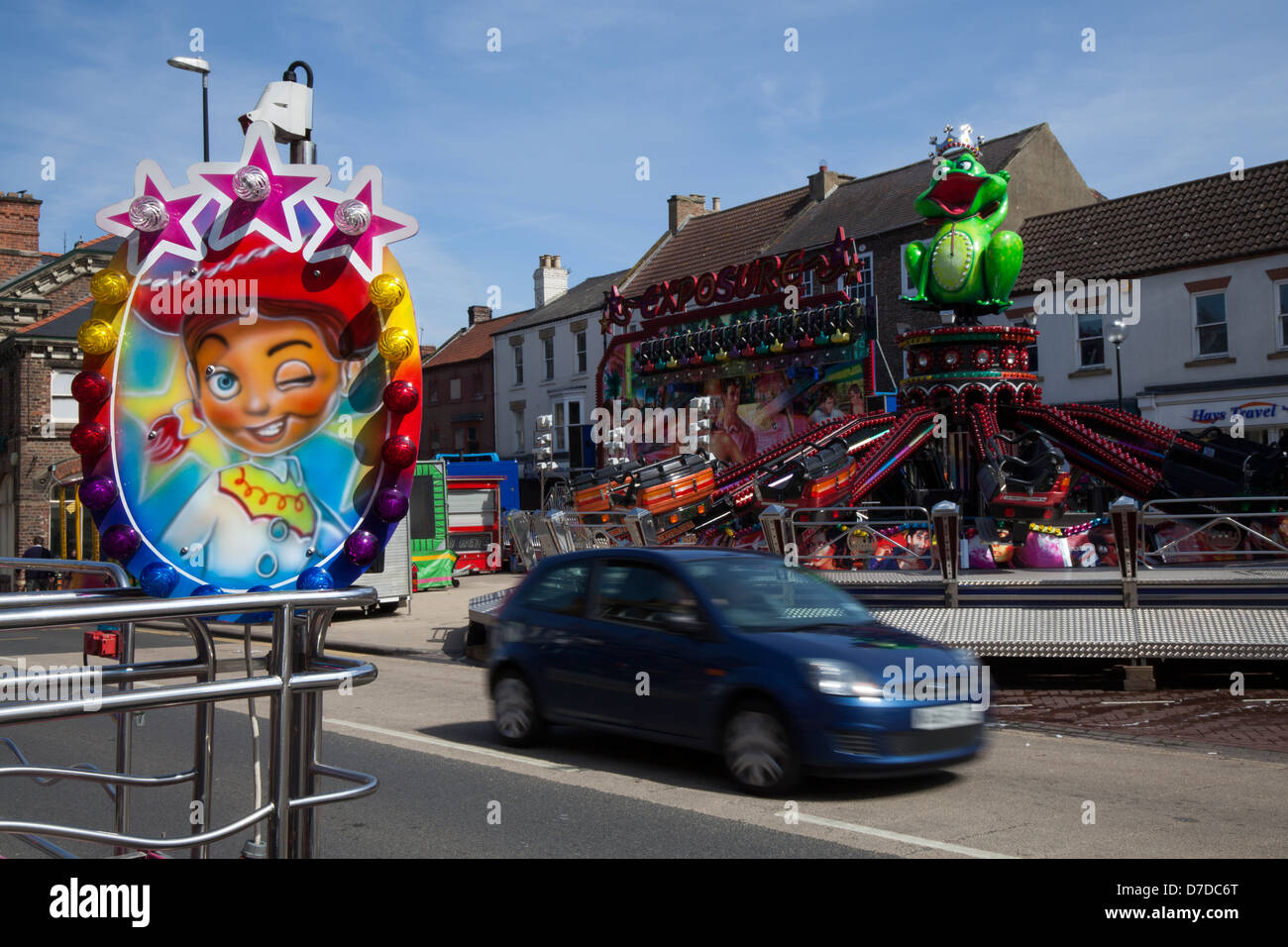 Amusements, Carousel Fun-Fair rides and fun attractions at the Northallerton Town Centre annual May Street Fair, High Street, North Yorkshire, UK Stock Photo