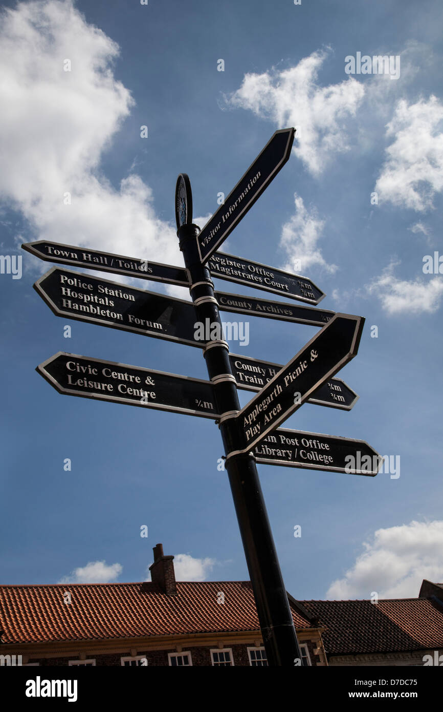 Northallerton  North Yorkshire town finger-post street sign to different destinations. Directions and attractions in the high street, UK Stock Photo