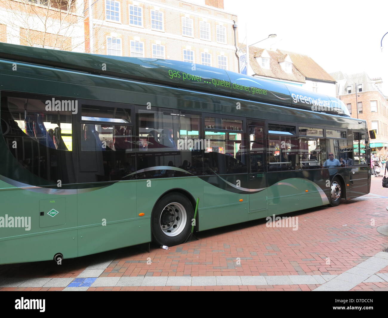 Reading, UK. 4th May 2013. Visitors to Reading town centre were treated to a free ride on one the first Greenwave (Compressed Natural Gas) CNG buses in the South East UK today 4/5/13. Credit:  Sarah Tubb / Alamy Live News Stock Photo