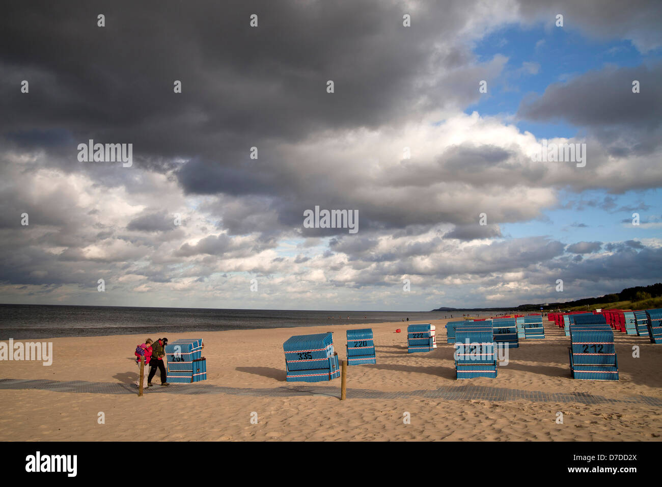 Beach chairs ' Strandkorb ' and the baltic beach of the seaside resort Trassenheide, Usedom island, Mecklenburg-Vorpommern, Germ Stock Photo