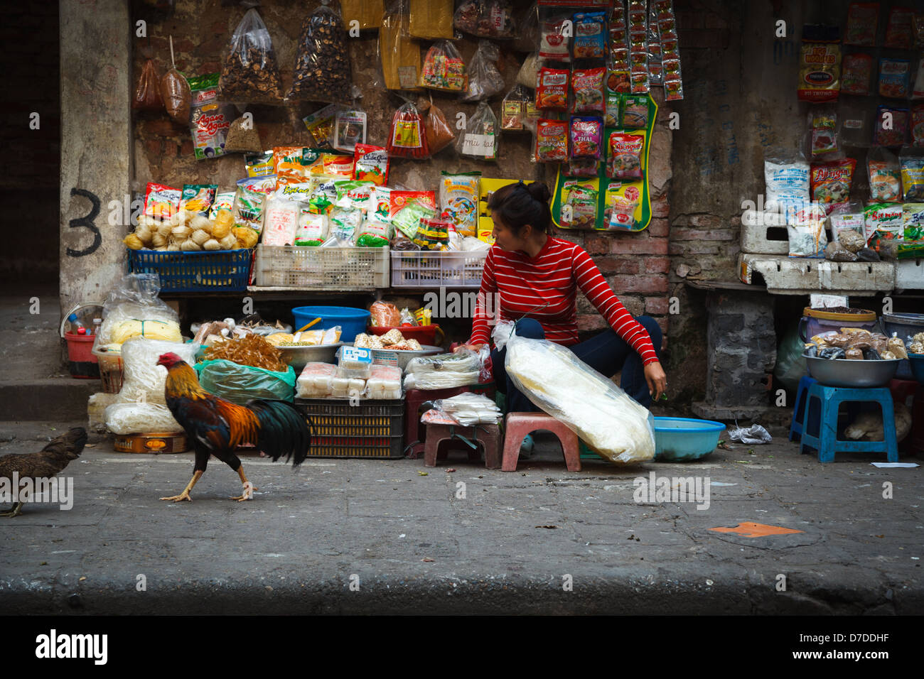A street vendor with a cockerel in the Old Quarter of Hanoi selling dried goods Stock Photo