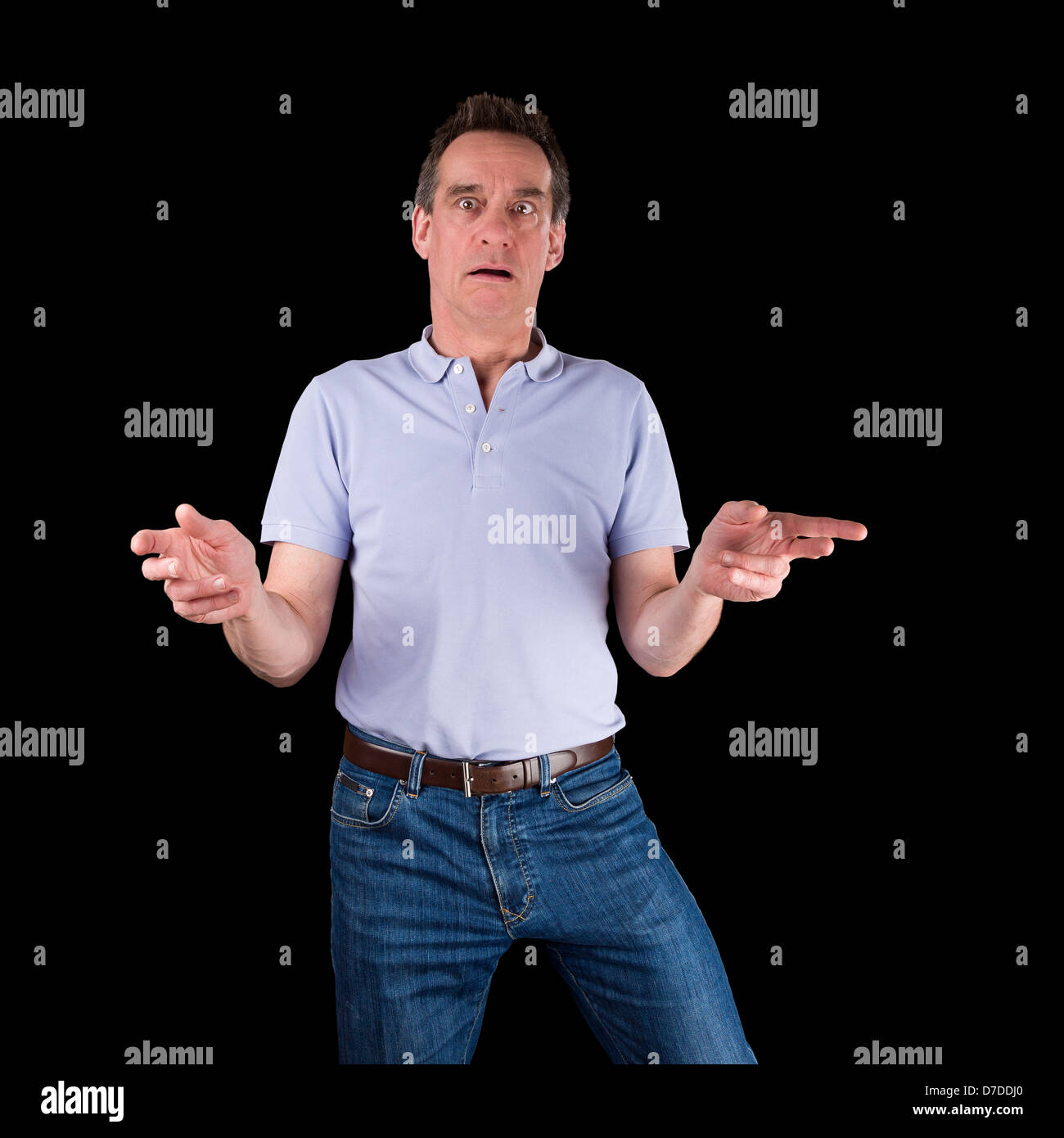 Shocked Surprised Confused Middle Age Man Hands Raised Black Background Stock Photo