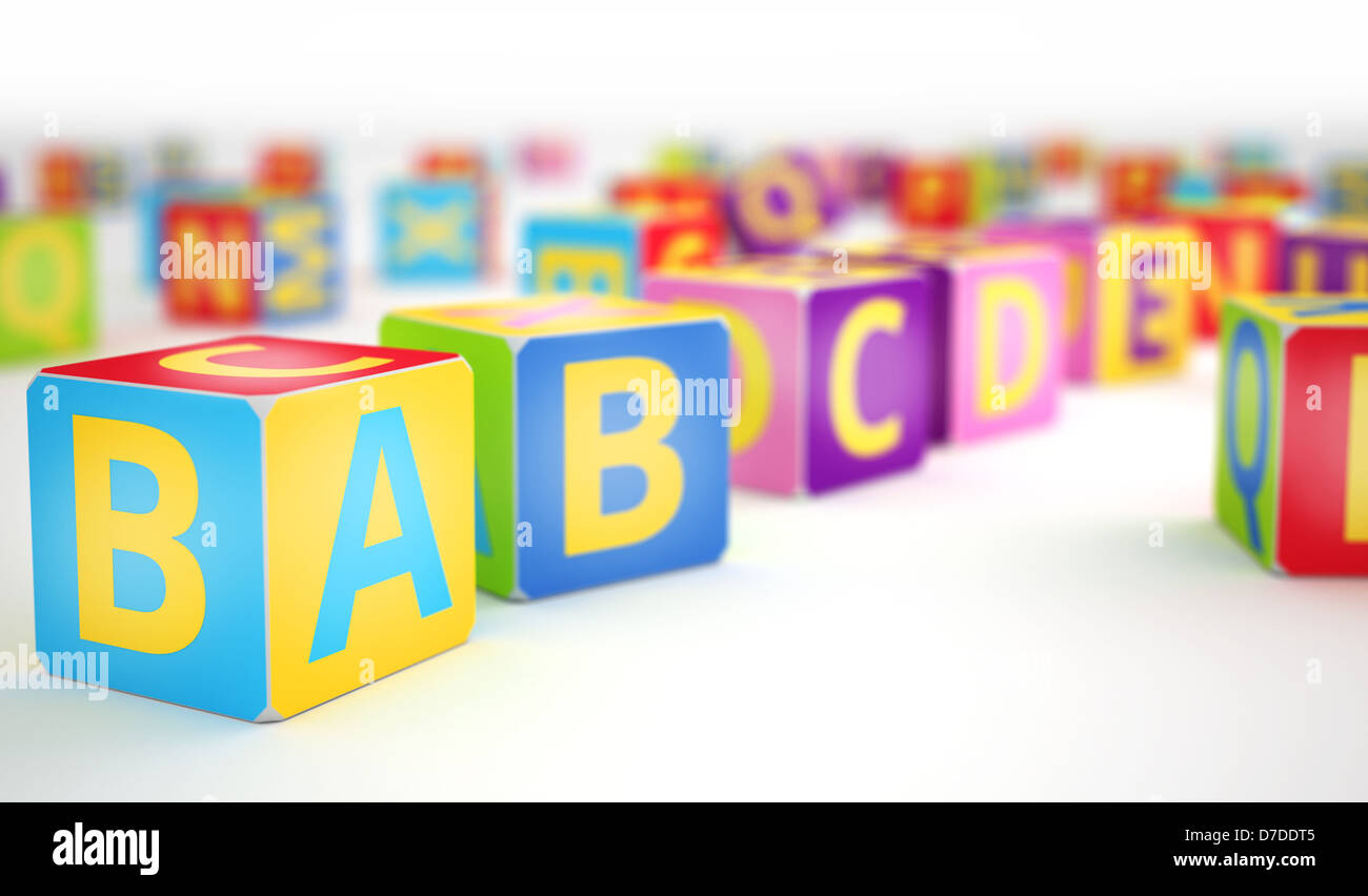 A,B,C letters on big alphabet cubes in row sequence Stock Photo - Alamy