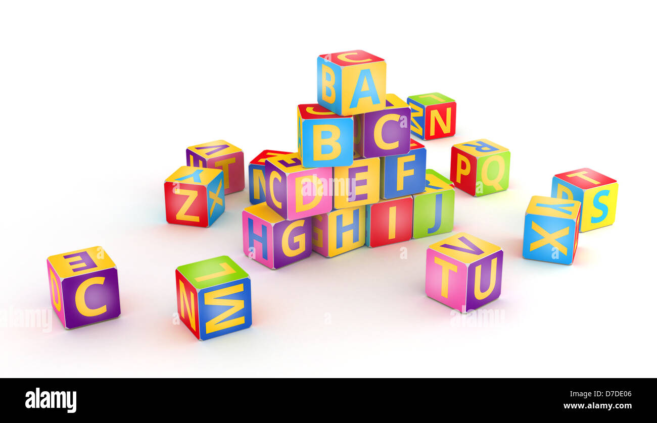 A,B,C letters on small pyramid stack alphabet cubes on white Stock Photo