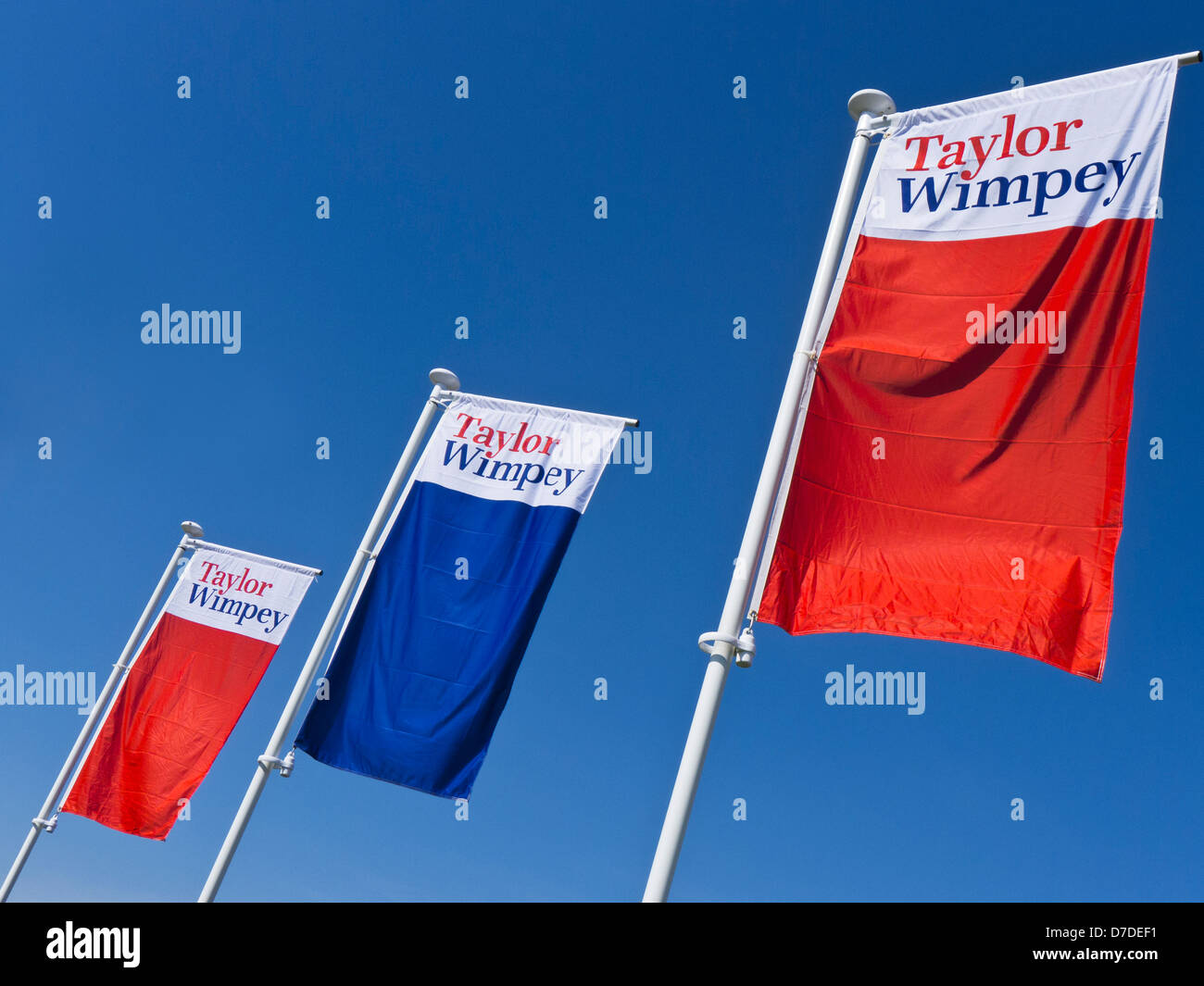 Taylor Wimpey flags flying at a housing development in King's Lynn, Norfolk. Stock Photo