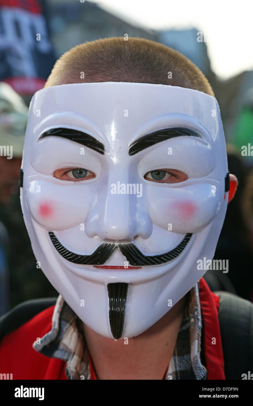 London, UK. 4th May 2013. Protestors wearing masks at the Anonymous UK anti-austerity demonstration, London, England. Credit:  Paul Brown / Alamy Live News Stock Photo