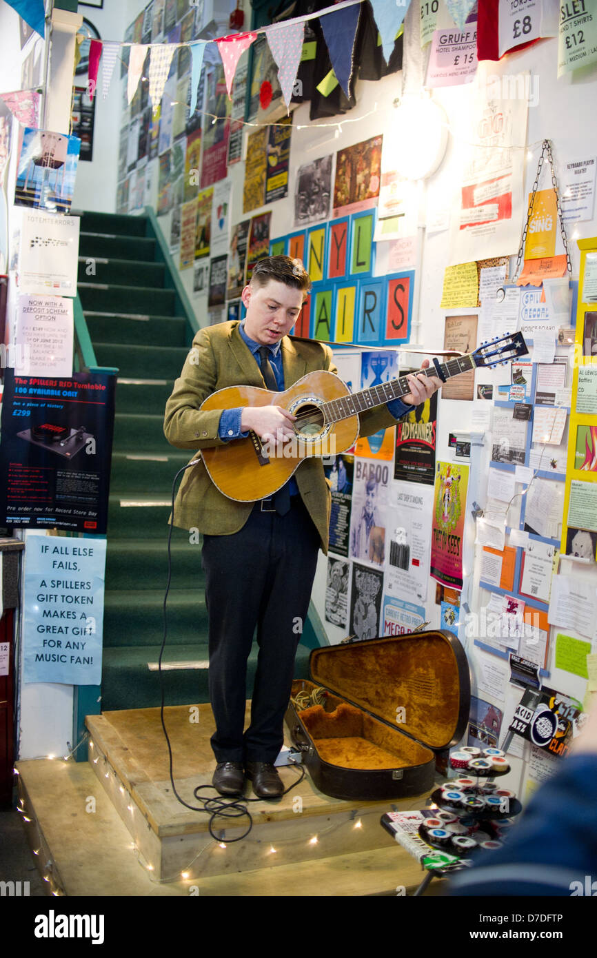 Sweet Baboo plays an instore performance in Spillers Records in Cardiff on Record Store Day 2013. Stock Photo