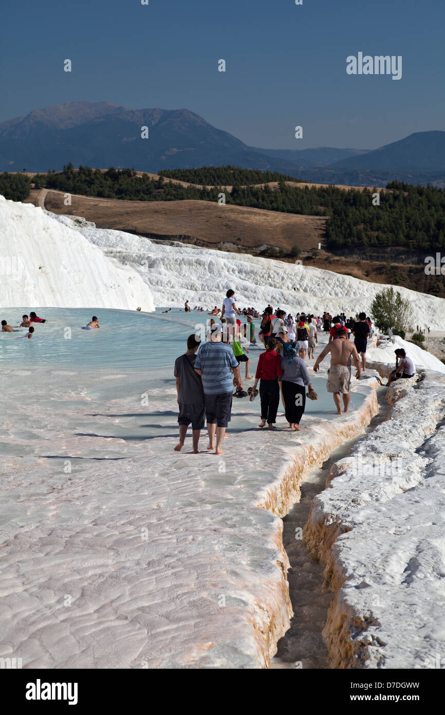 People having bath in travertines pool. Pamukkale, Denizli, Turkey Stock Photo