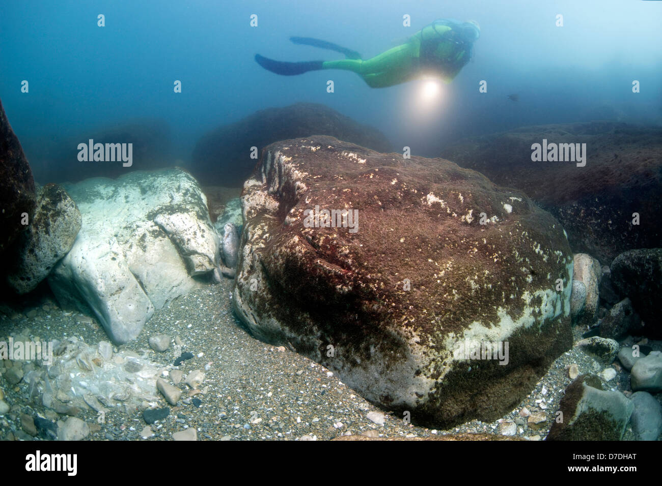 Scuba diving in old harbour of Caesarea, Mediterranean Sea, Israel