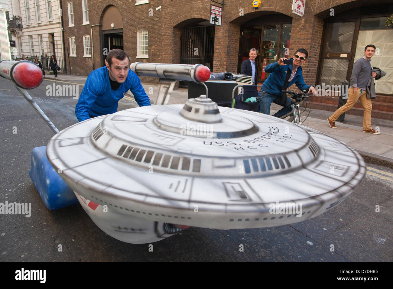 London, UK. 2nd May 2013.  Ultimate Trekkie fan Rob Wixey from Ealing, London, arrives at Star Trek Into The Darkness premiere with his homemade soapbox Starship which he will be racing at the Red Bull Soapbox race at Alexandra Palace on Sunday 14 July. © Westpix.co.uk / Alamy Live News Stock Photo