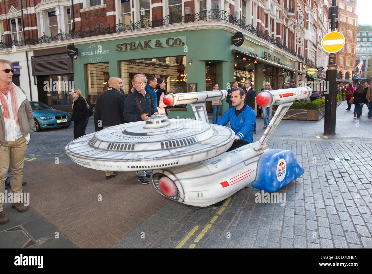 London, UK. 2nd May 2013.  Ultimate Trekkie fan Rob Wixey from Ealing, London, arrives at Star Trek Into The Darkness premiere with his homemade soapbox Starship which he will be racing at the Red Bull Soapbox race at Alexandra Palace on Sunday 14 July. © Westpix.co.uk / Alamy Live News Stock Photo