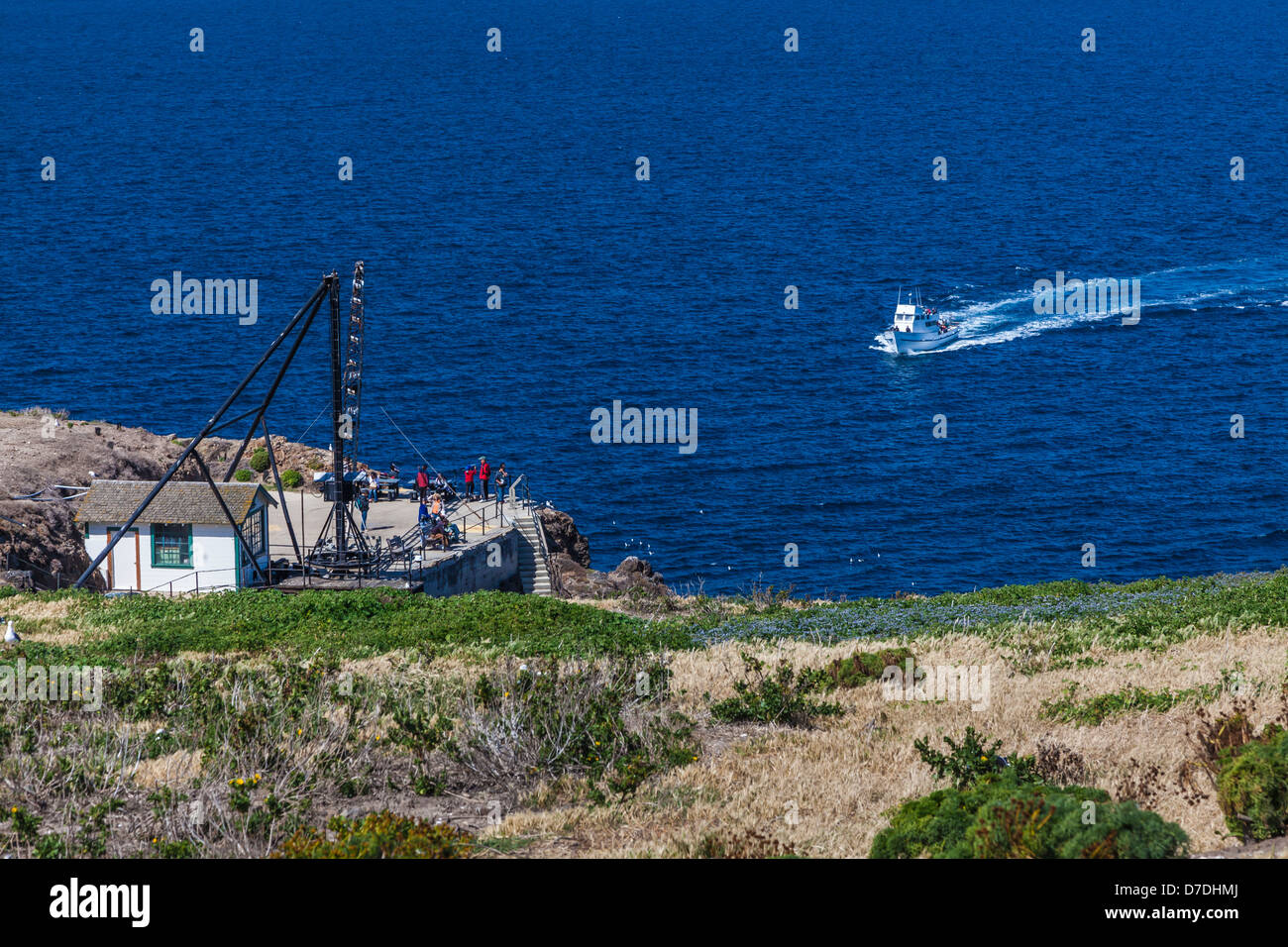 Island Packers boat arriving at the landing cove on East Anacapa Island, Channel Islands National Park, California, USA Stock Photo