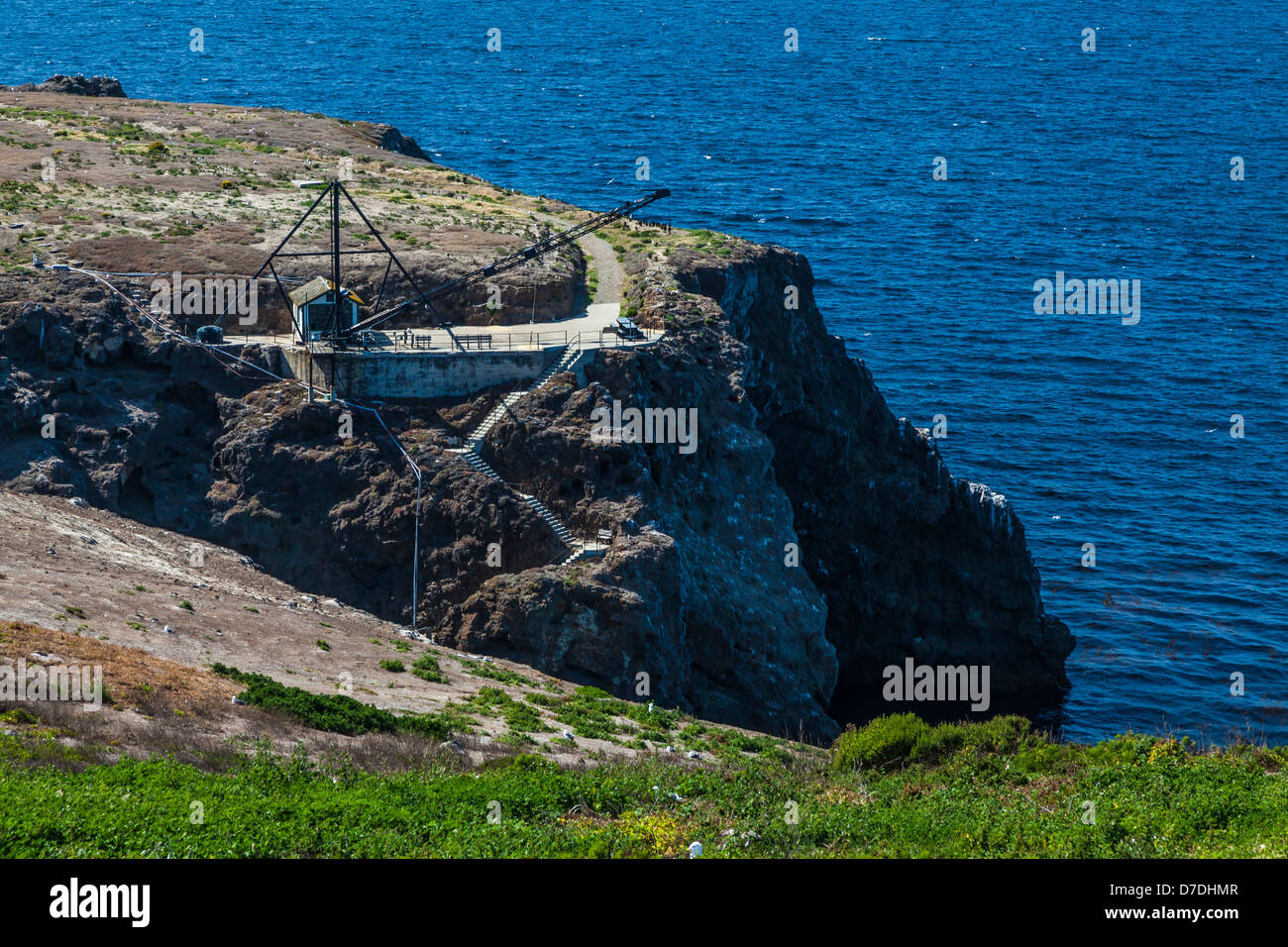 Hoist and steps at Landing Cove on East Anacapa Island that visitors climb; Channel Islands National Park, California, USA Stock Photo
