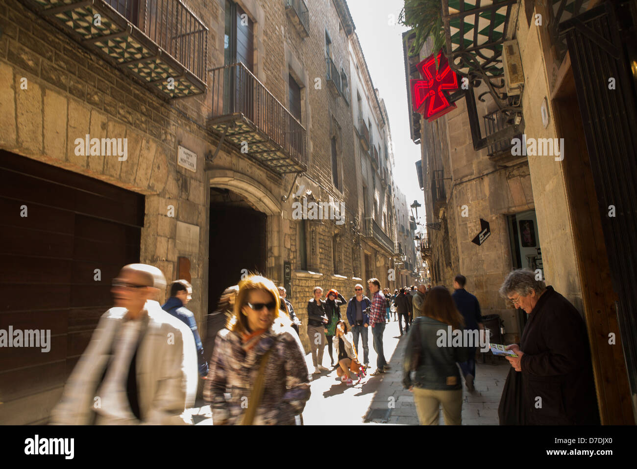 Narrow street outside Picasso Museum in La Ribera- Barcelona, Spain. Stock Photo