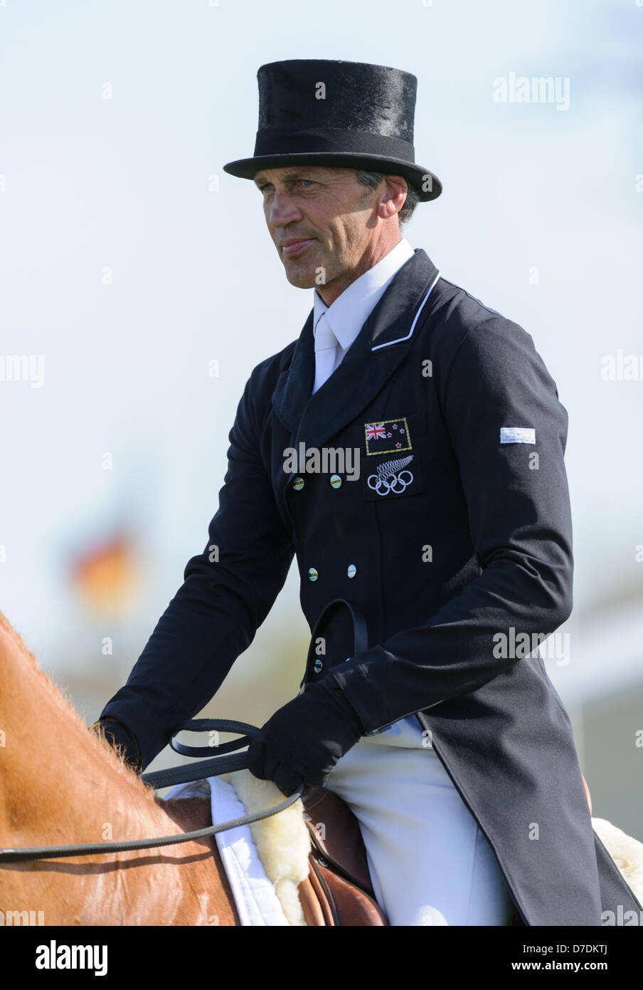 Badminton, UK. 4th May, 2013. Andrew Nicholson and NEREO lie in sixth place as they chase the coveted Rolex Grand Slam and $350,000 - The Dressage phase of the Mitsubishi Motors Badminton Horse Trials, Saturday May 4th 2013 Stock Photo