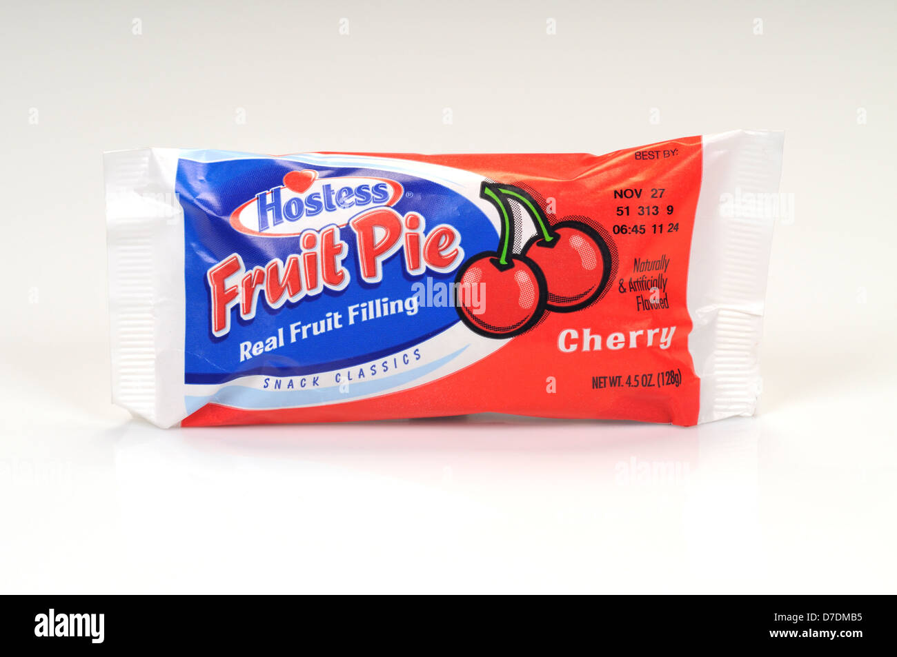 Package of Hostess Cherry Fruit Pie on white background, cut out. USA Stock Photo