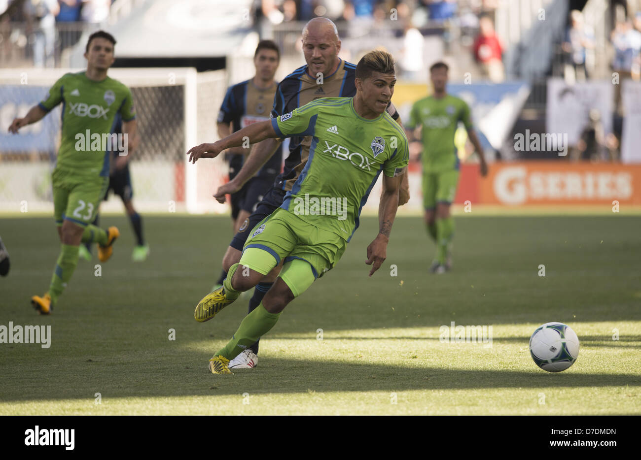 Chester, Pennsylvania, USA. 4th May, 2013. Philadelphia Union's CONOR CASEY (6) in action against the Seattle Sounder's. DEANDRE YEDLIN (2). The Union and the Sounders played to a 2-2 draw at the Unions home field, PPL Park (Credit Image: © Ricky Fitchett/ZUMAPRESS.com) Stock Photo