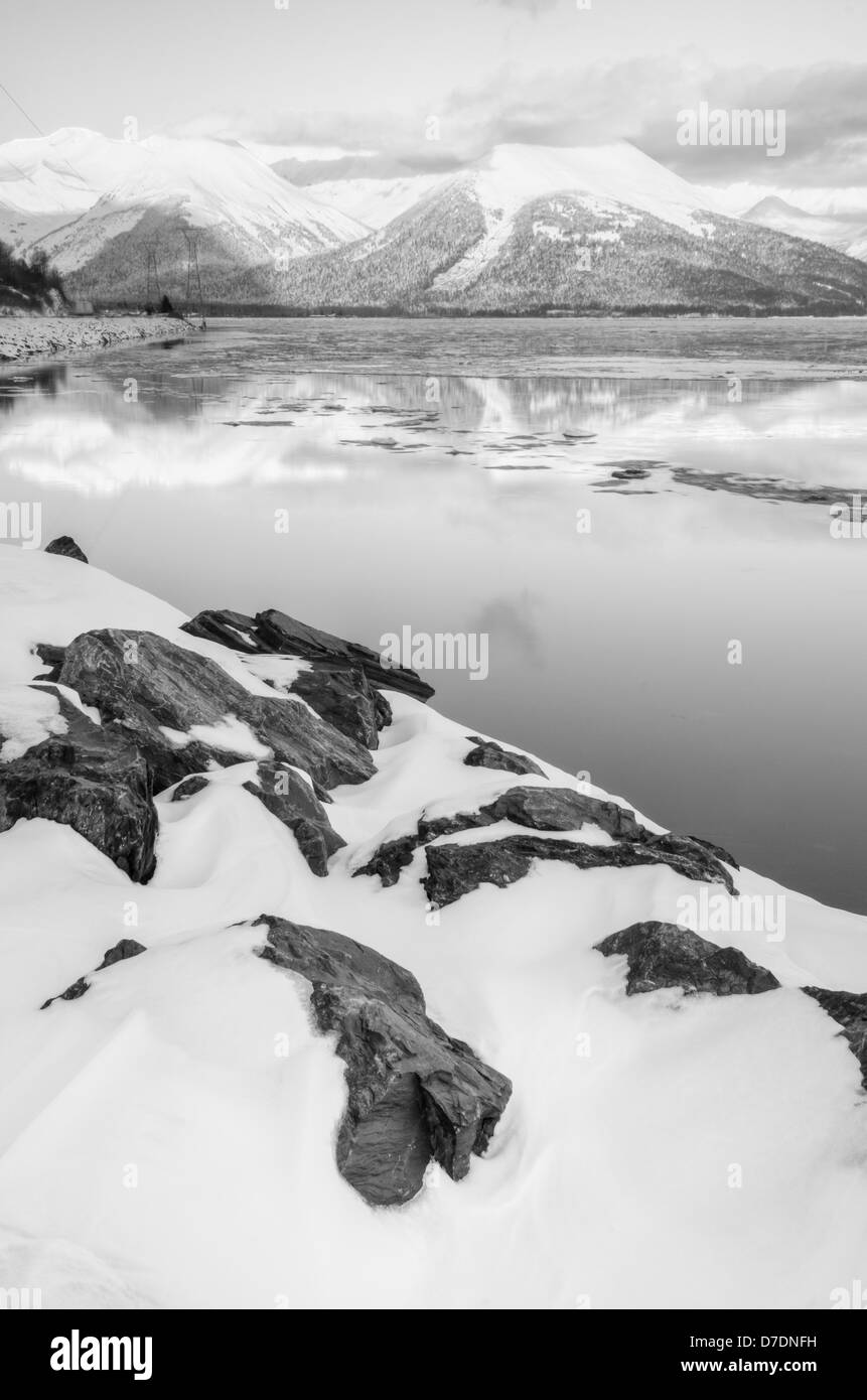 Turnagain Arm Reflections in Black and White Stock Photo