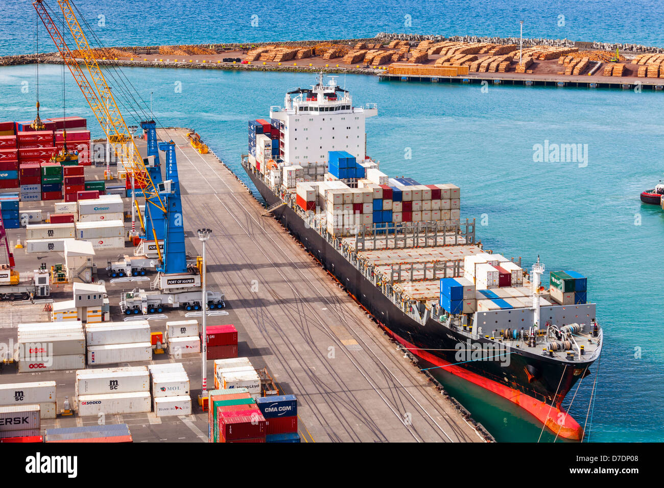 Container ship NYK Lyttelton at Napier Port, Hawke's Bay, New Zealand. Lots of containers on the
