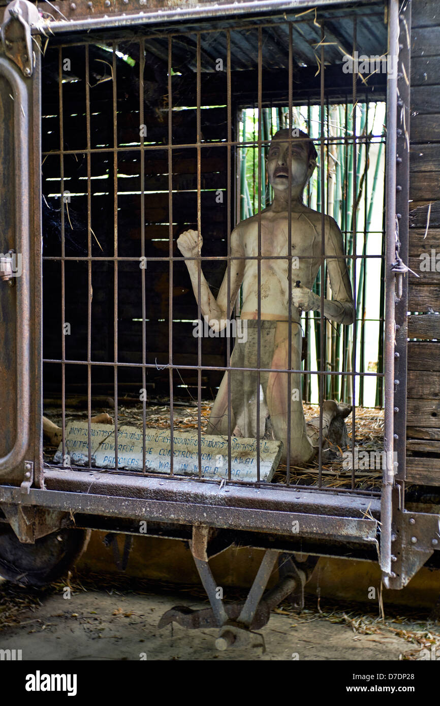 Jeath Museum Kanchanaburi. Graphic characterisation of WW 2 prisoner of war confinement cells at the Jeath World War 11 museum. Kanchanaburi Thailand Stock Photo